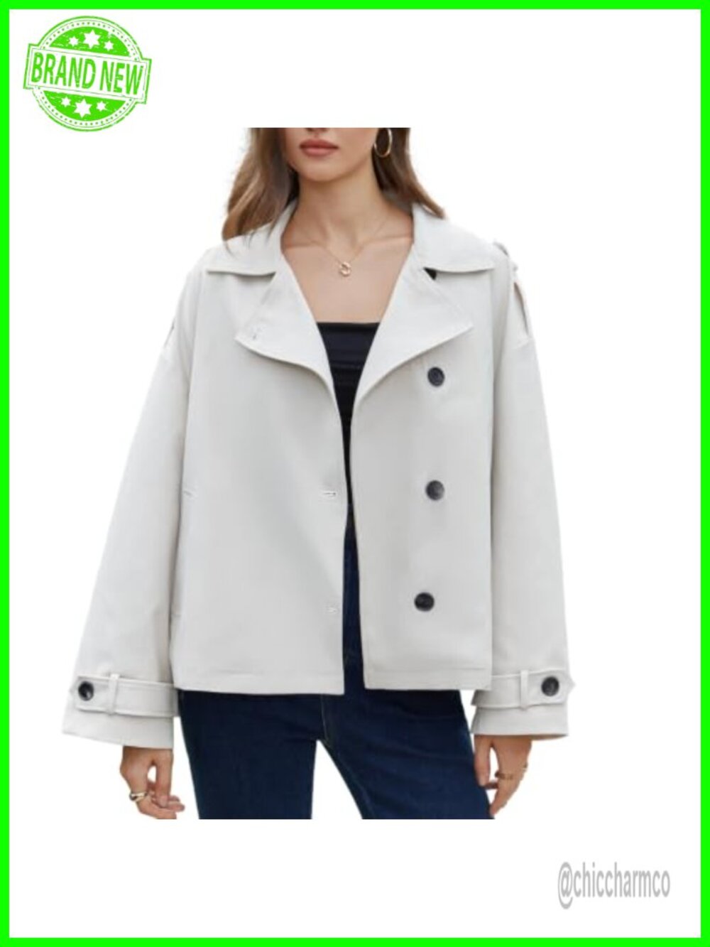 100% Polyester Womens Crop Trench Coat Short Single Breasted Button Jacket